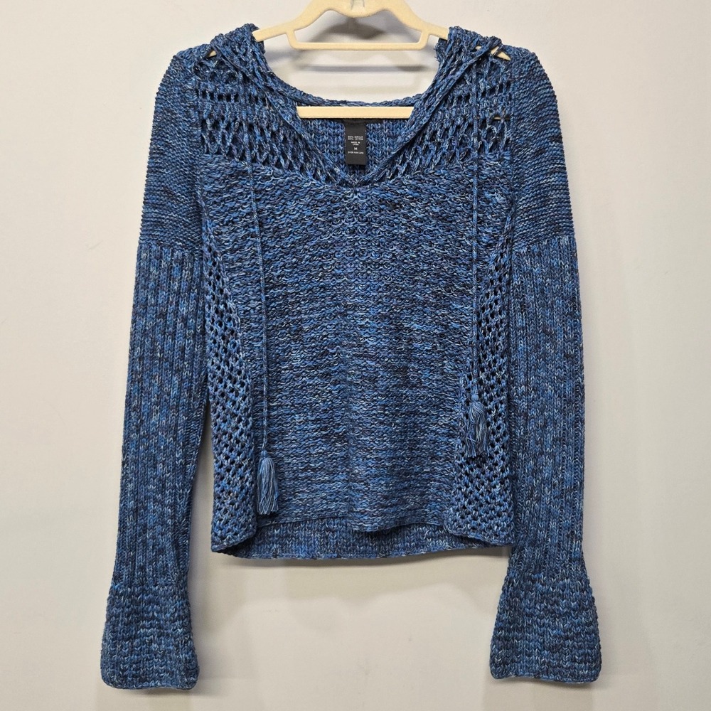 Womens Blue Crochet Hoodie Sweater Medium Blue Chunky Knit Fairy Grunge Unique‎